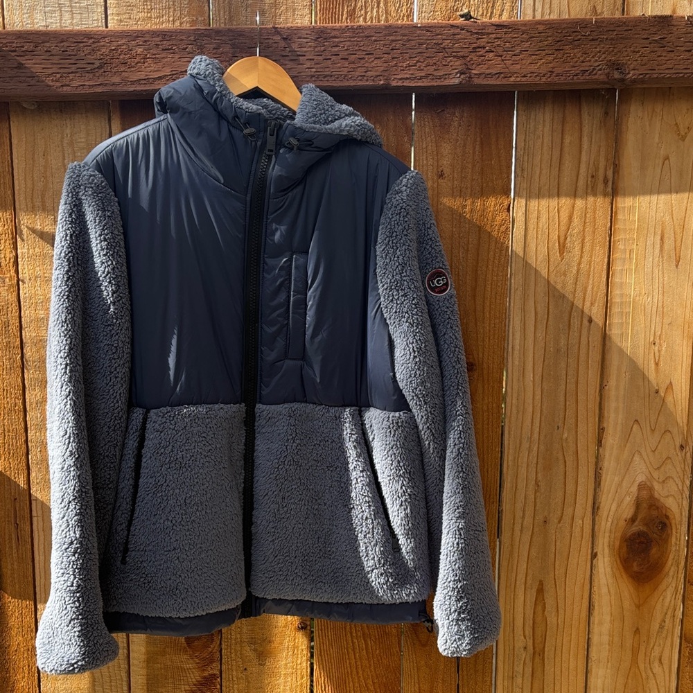 Men’s UGG Gray Sherpa Hooded Jacket with Quilted Chest